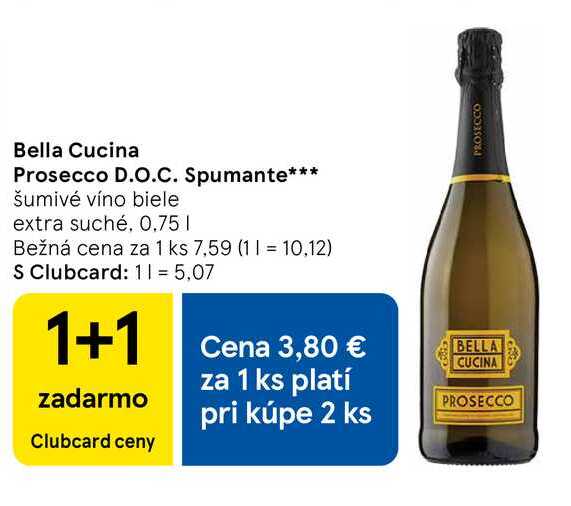 Bella Cucina Prosecco D.O.C. Spumante šumivé víno biele extra suché, 0.75l v akcii