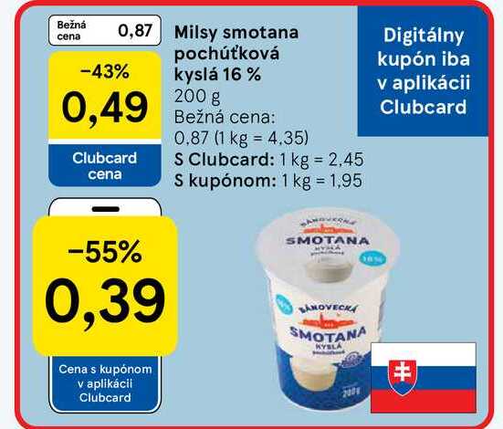 Milsy smotana pochúťková kyslá 16 % 200 g  v akcii