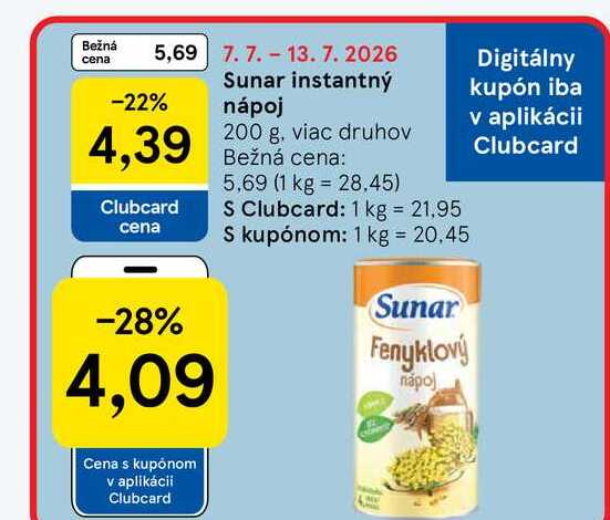 Sunar instantný nápoj 200 g, viac druhov 