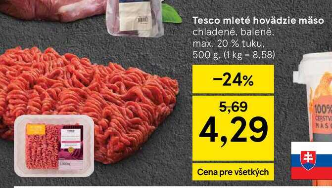 Tesco mleté hovädzie mäso chladené, balené, max. 20 % tuku 500 g
