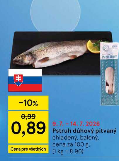 Pstruh dúhový pitvaný chladený, balený, cena za 100 g