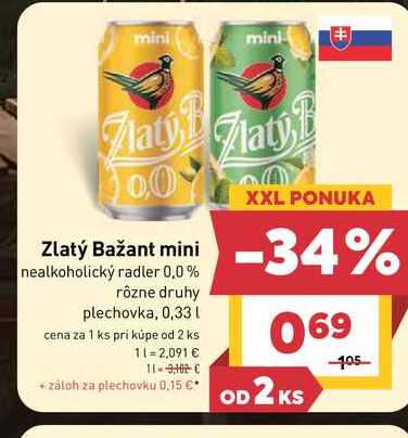 Zlatý Bažant mini nealkoholický radler 0,0% rôzne druhy plechovka, 0,33l
