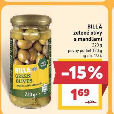 BILLA zelené olivy s mandľami 220 g