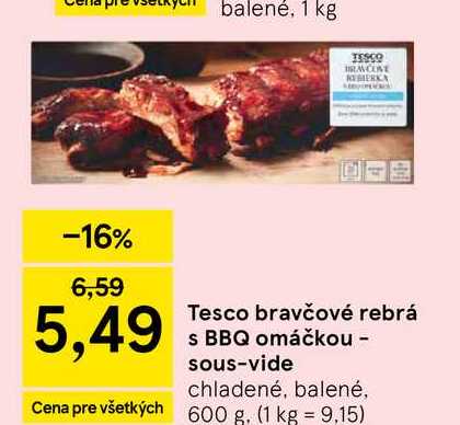 Tesco bravčové rebrá s BBQ omáčkou - sous-vide chladené, balené, 600 g