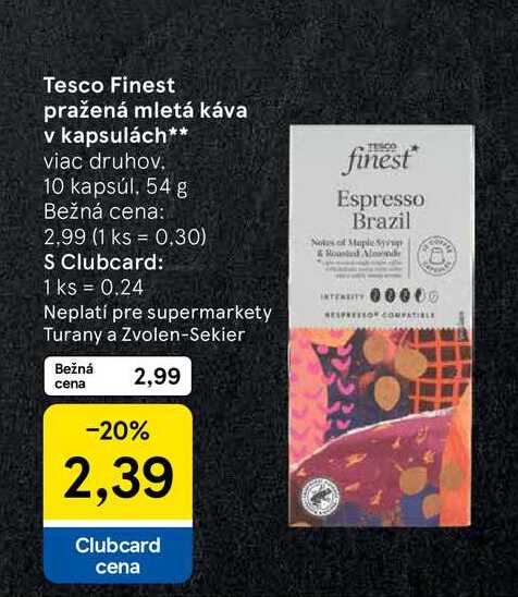 Tesco Finest pražená mletá káva v kapsulách 10 kapsúl, 54 g