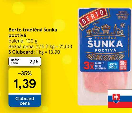 Berto tradičná šunka poctivá balená, 100 g