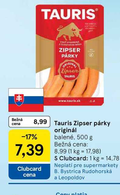 Tauris Zipser párky originál 500 g