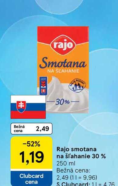 Rajo smotana na šľahanie 30 % 250 ml