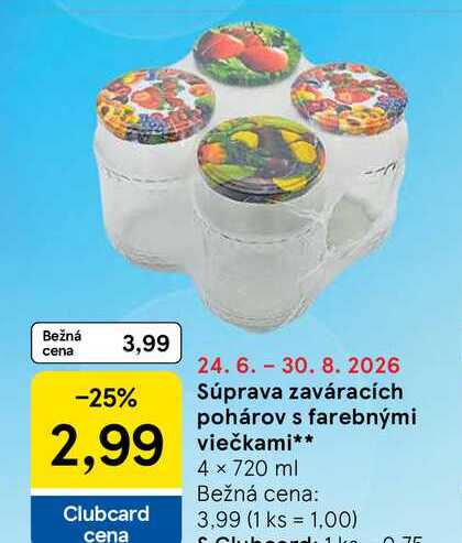 Súprava zaváracích pohárov s farebnými viečkami 4 x 720 ml