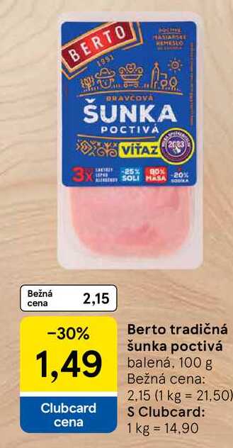 Berto tradičná šunka poctivá balená, 100 g 