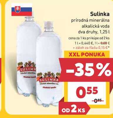 Sulinka prírodná minerálna alkalická voda dva druhy, 1,25l