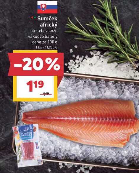 Sumček africký fileta bez kože vákuovo balený cena za 100 g 