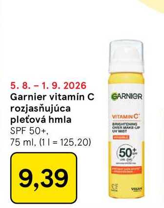 Garnier vitamín C rozjasňujúca pleťová hmla SPF 50+. 75 ml