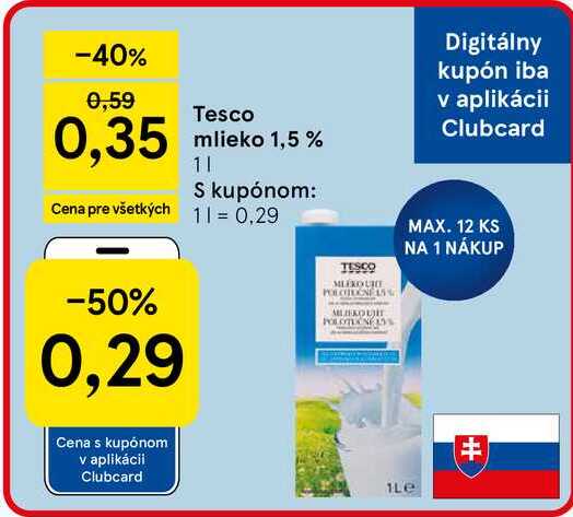Tesco mlieko 1,5 % 1l