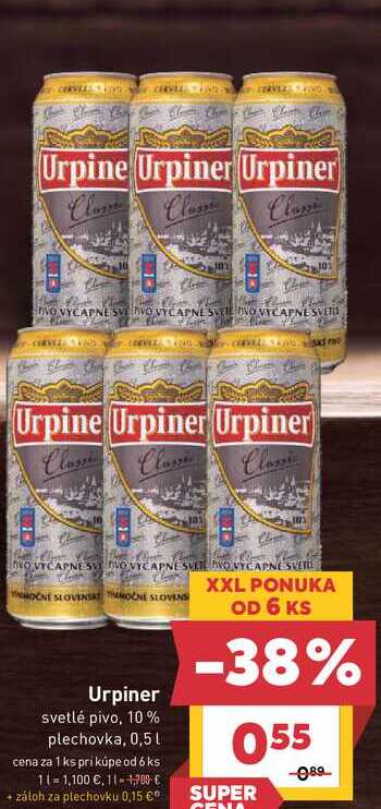 Urpiner svetlé pivo, 10% plechovka, 0,5 l