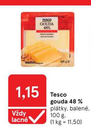 Tesco gouda 48 % plátky, balené 100 g