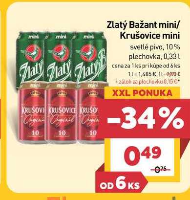 Zlatý Bažant mini/ Krušovice mini svetlé pivo, 10% plechovka, 0,33 l