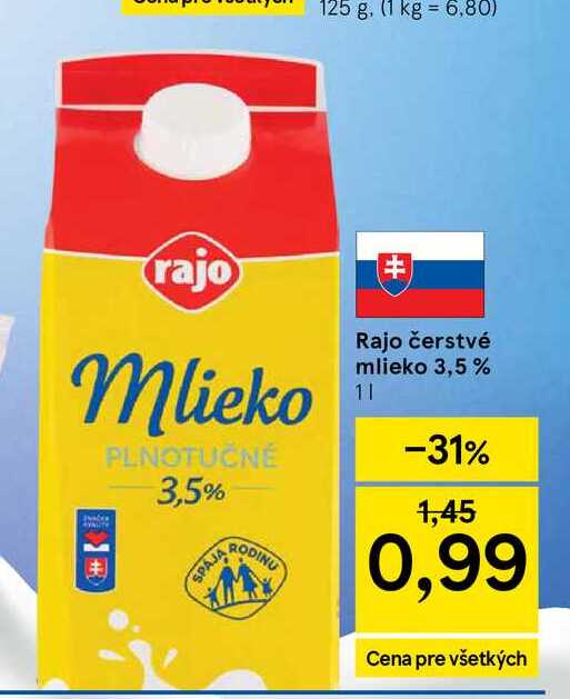 Rajo čerstvé mlieko 3,5% 1l v akcii