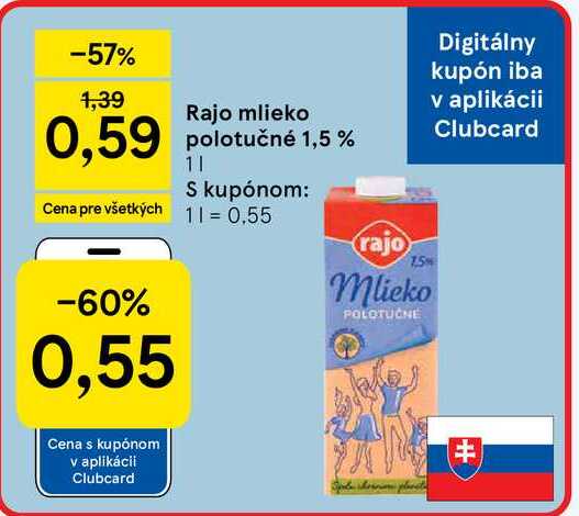 Rajo mlieko polotučné 1,5% 1l 
