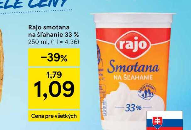 Rajo smotana na šľahanie 33 % 250 ml