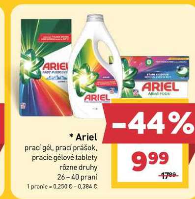 Ariel prací gél, prací prášok, pracie gélové tablety rôzne druhy 26-40 praní