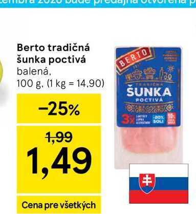 Berto tradičná šunka poctivá balená, 100 g