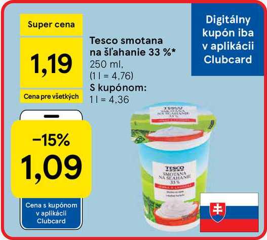 Tesco smotana na šľahanie 33 % 250 ml