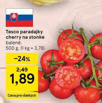Tesco paradajky cherry na stonke balené, 500 g