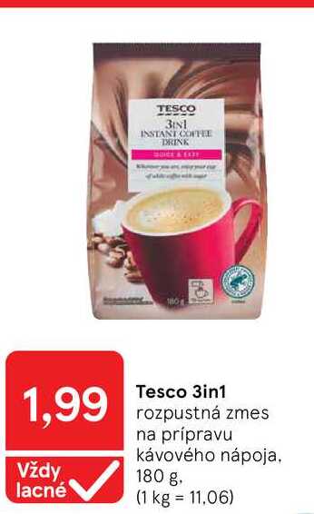 Tesco 3in1 rozpustná zmes na prípravu kávového nápoja 180 g