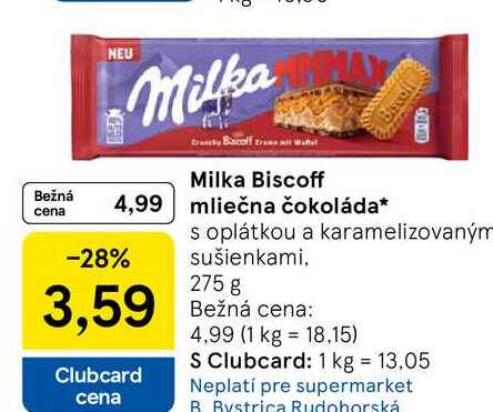 Milka Biscoff mliečna čokoláda s oplátkou a karamelizovaným sušienkami, 275 g
