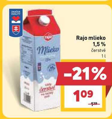 Rajo mlieko 1,5% čerstvé 1l