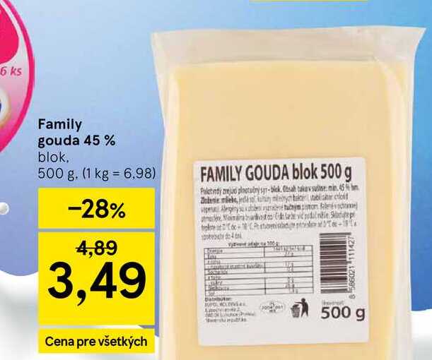Family gouda 45 % blok, 500 g