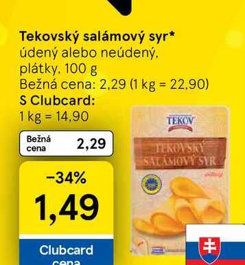 Tekovský salámový syr údený alebo neúdený, plátky, 100 g