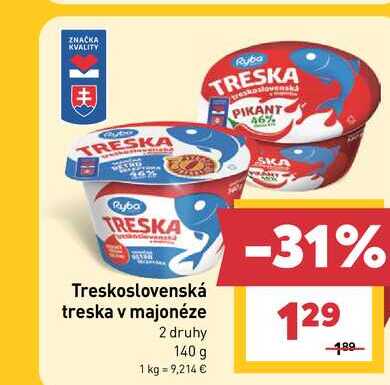 Ryba Treskoslovenská treska v majonéze 2 druhy 140g