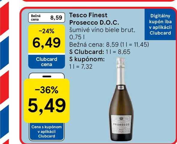Tesco Finest Prosecco D.O.C. šumivé víno biele brut, 0,75l