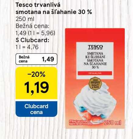 Tesco trvanlivá smotana na šľahanie 30 % 250 ml
