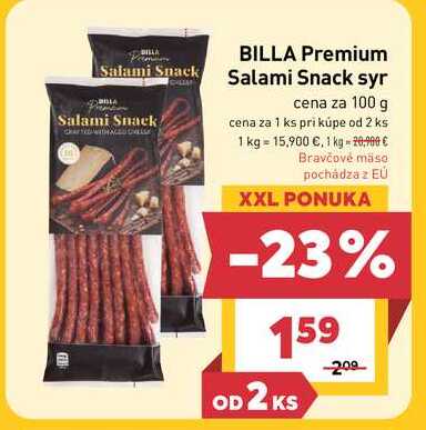 BILLA Premium Salami Snack syr cena za 100 g