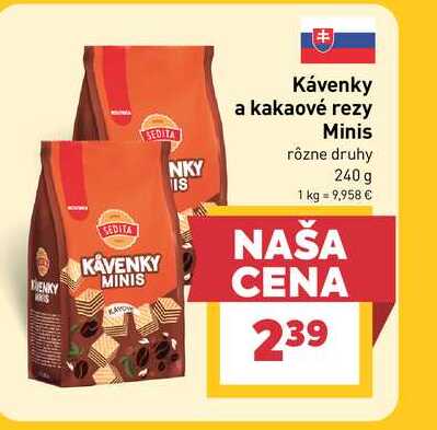 Kávenky a kakaové rezy Minis rôzne druhy 240 g