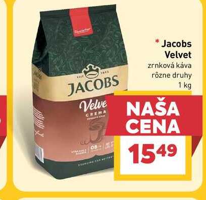 Jacobs Velvet zrnková káva rôzne druhy 1 kg  v akcii