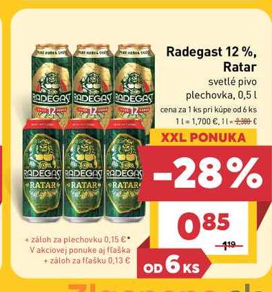 Radegast 12%, Ratar svetlé pivo plechovka, 0,5 L  v akcii