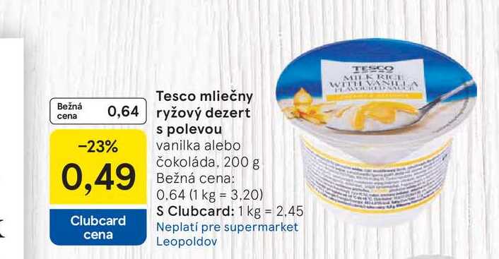 Tesco mliečny Bežná ryžový dezert s polevou vanilka alebo čokoláda, 200 g
