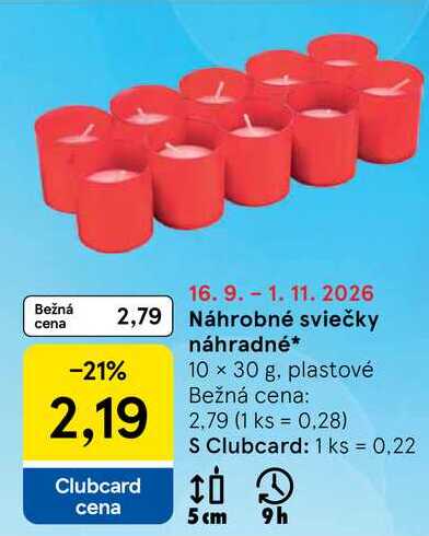 Náhrobné sviečky náhradné 10 x 30 g, plastové