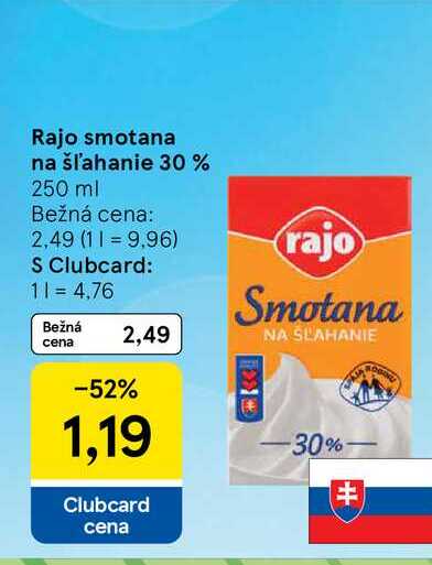 Rajo smotana na šľahanie 30 % 250 ml
