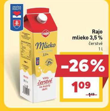 Rajo mlieko 3,5% čerstvé 1L  v akcii