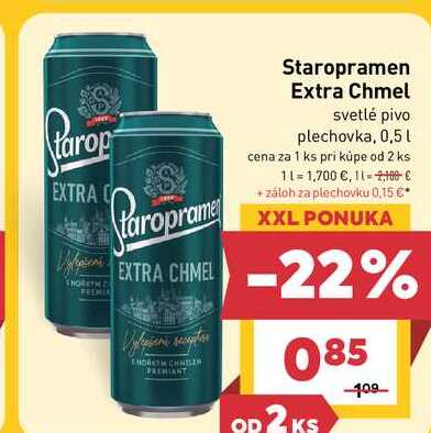 Staropramen Extra Chmel svetlé pivo plechovka, 0,5l v akcii