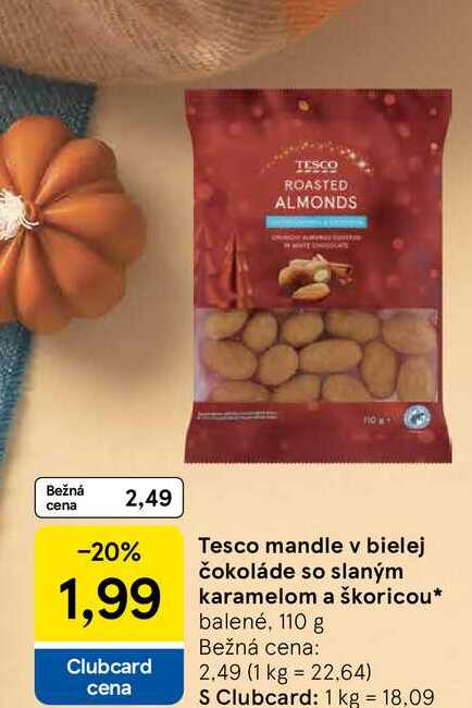 Tesco mandle v bielej čokoláde so slaným karamelom a škoricou balené, 110 g