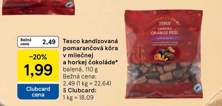Tesco kandizovaná pomarančová kôra v mliečnej a horkej čokoláde balená, 110 g